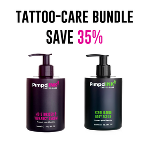 Tattoo-care bundle containing Pimdink Moisturiser & Vibrancy Serum, and Exfoliating Body Scrub